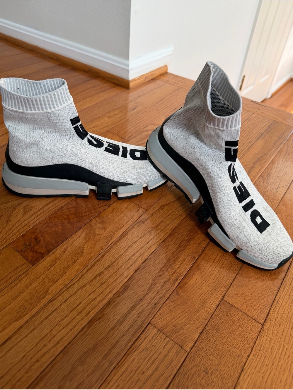 Diesel White and Black Knit Sock-Style Sneakers